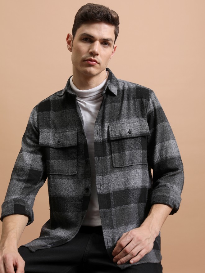 Buy Highlander Flannel Black/Grey Checked Relaxed Fit Casual Shirt for ...