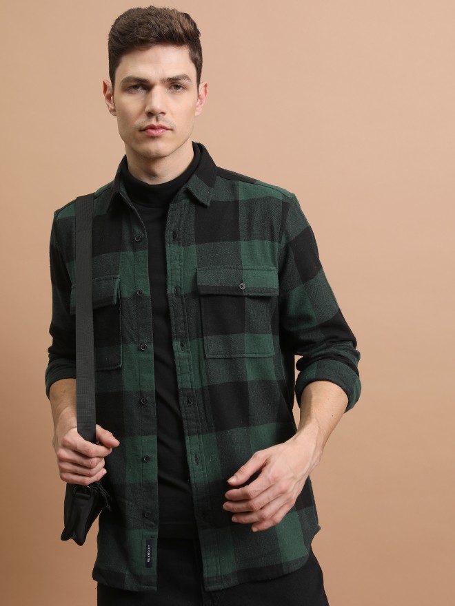 Buy Highlander Flannel Green/Black Checked Relaxed Fit Casual Shirt for ...