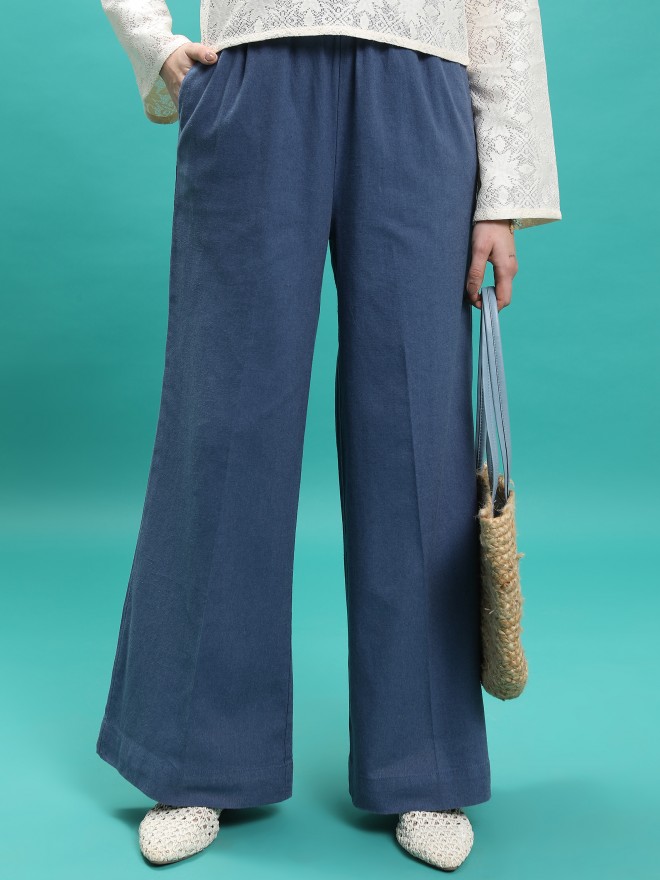 Tokyo Talkies Women Blue Solid Flared Casual Trousers 