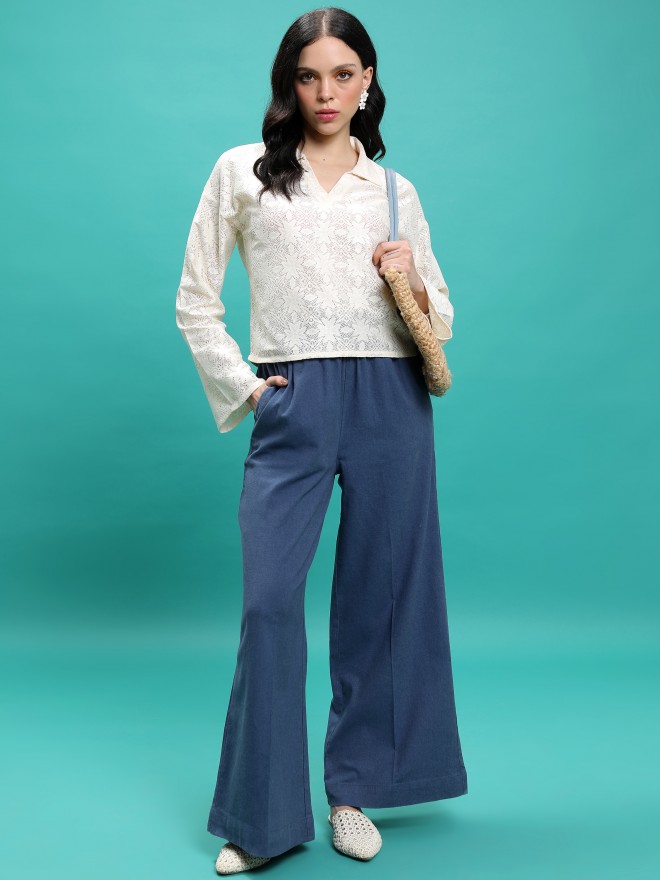 Tokyo Talkies Women Blue Solid Flared Casual Trousers 