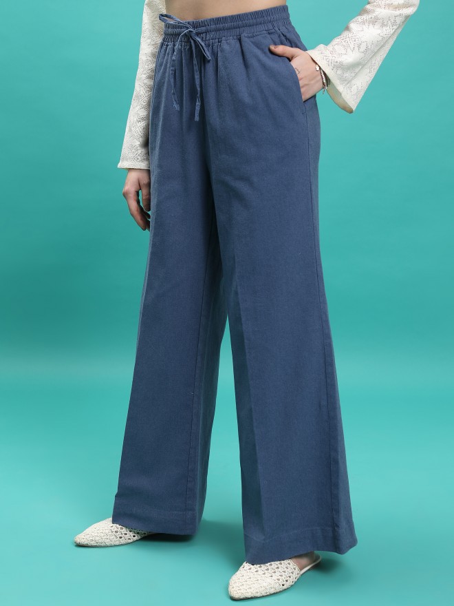 Tokyo Talkies Women Blue Solid Flared Casual Trousers 