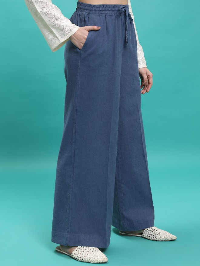 Tokyo Talkies Women Blue Solid Flared Casual Trousers 