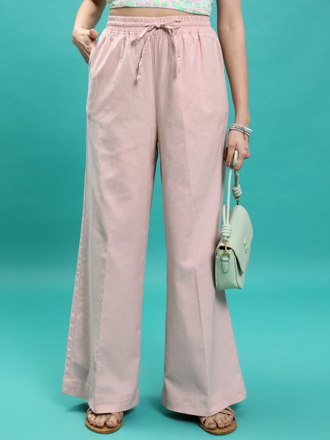 Tokyo Talkies Women Pink Solid Flared Casual Trousers 