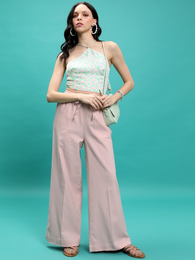 Tokyo Talkies Women Pink Solid Flared Casual Trousers 