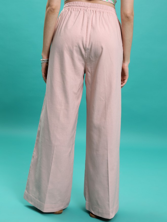 Tokyo Talkies Women Pink Solid Flared Casual Trousers 