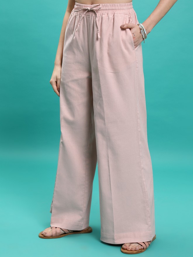 Tokyo Talkies Women Pink Solid Flared Casual Trousers 