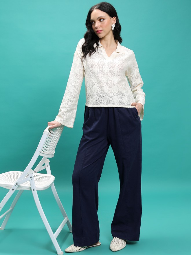 Tokyo Talkies Women Blue Solid Flared Casual Trousers 