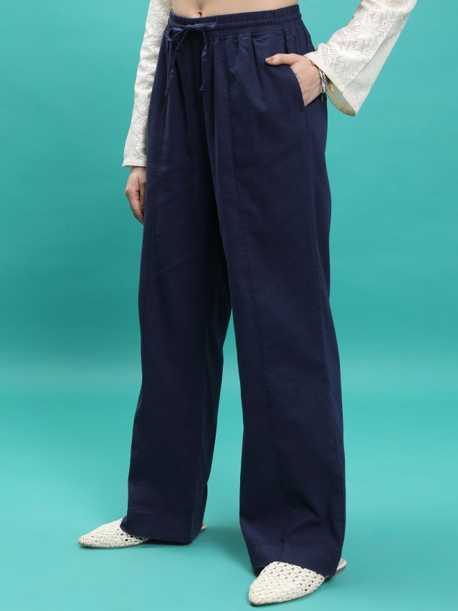 Tokyo Talkies Women Blue Solid Flared Casual Trousers 