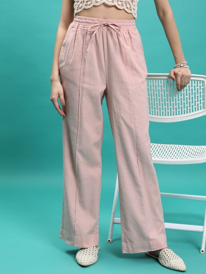 Tokyo Talkies Women Pink Solid Flared Casual Trousers 