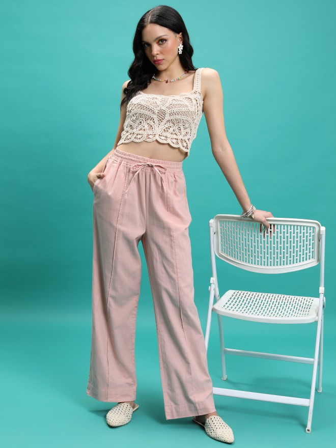 Tokyo Talkies Women Pink Solid Flared Casual Trousers 