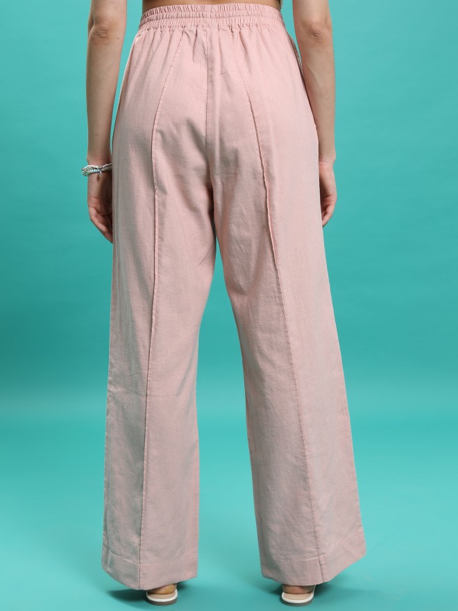 Tokyo Talkies Women Pink Solid Flared Casual Trousers 