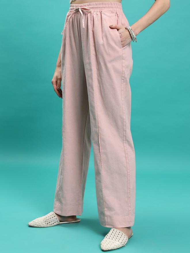 Tokyo Talkies Women Pink Solid Flared Casual Trousers 