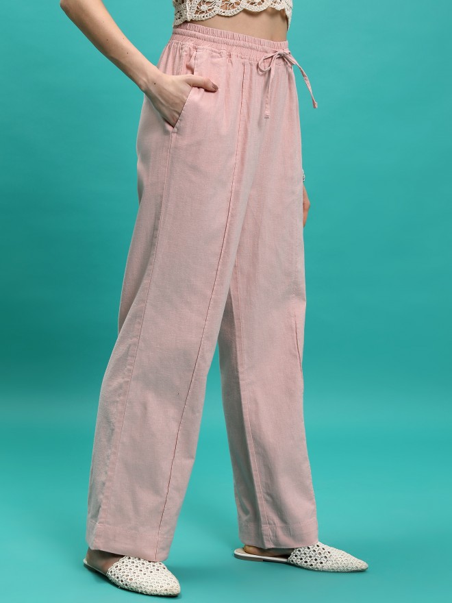 Tokyo Talkies Women Pink Solid Flared Casual Trousers 