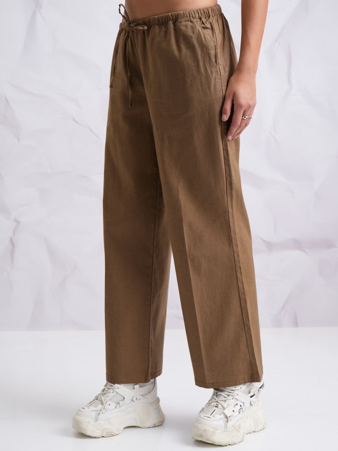 Tokyo Talkies Women Brown Solid Flared Casual Trousers 