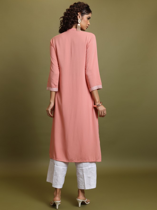 Vishudh Women Peach Embroidered Straight Kurtas 