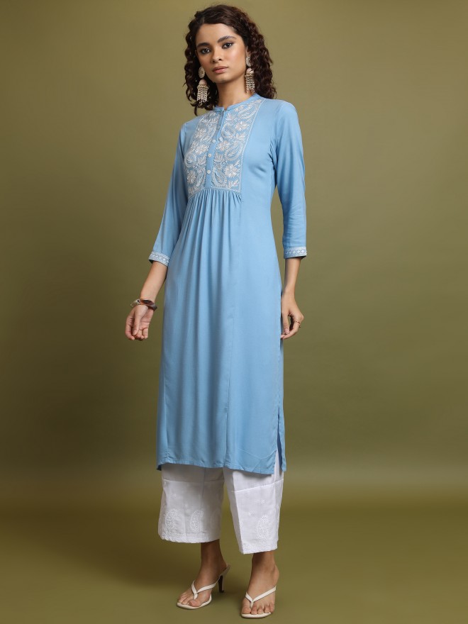 Vishudh Women Blue Embroidered Straight Kurtas 