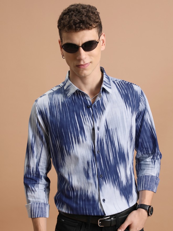 Highlander Men Navy Blue Printed Slim Fit Casual Shirts 