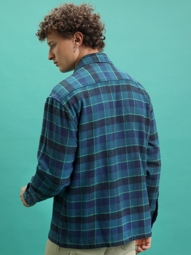 Highlander Men Teal Checked Oversized Fit Casual Shirts 