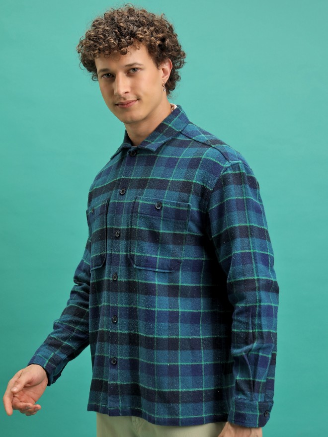 Highlander Men Teal Checked Oversized Fit Casual Shirts 