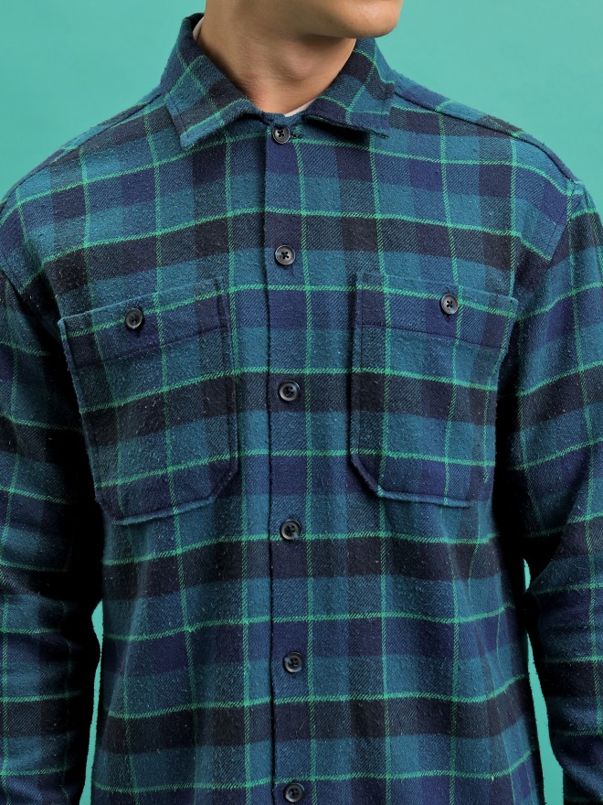 Highlander Men Teal Checked Oversized Fit Casual Shirts 