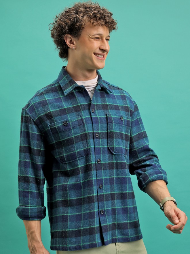 Highlander Men Teal Checked Oversized Fit Casual Shirts 