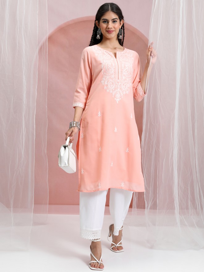 Vishudh Women Peach Embroidered Straight Kurtas 