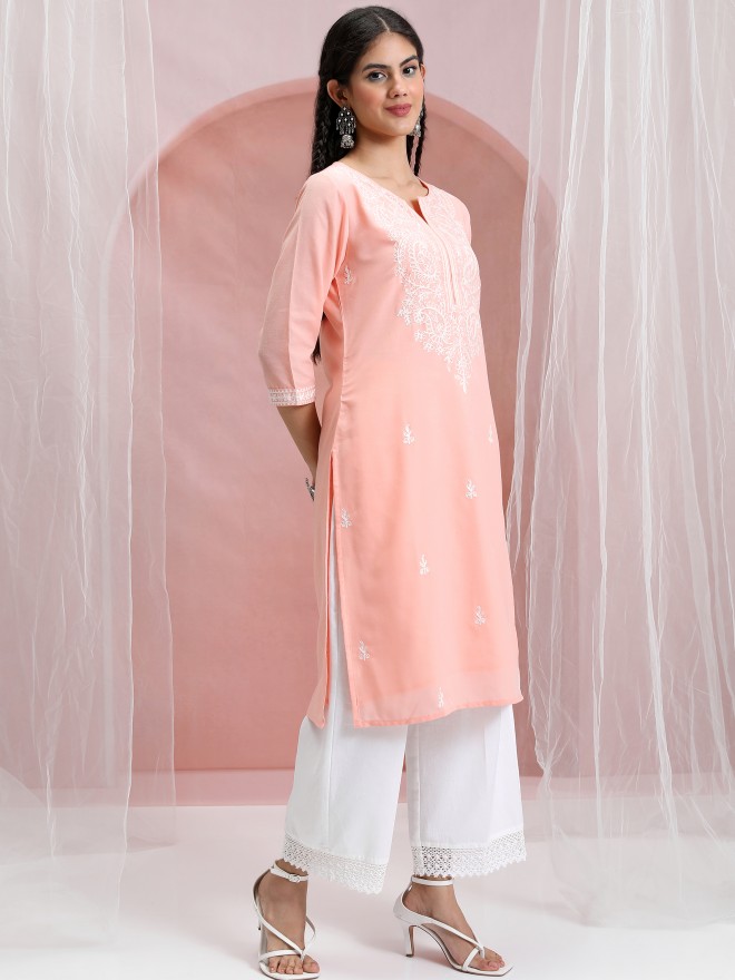 Vishudh Women Peach Embroidered Straight Kurtas 