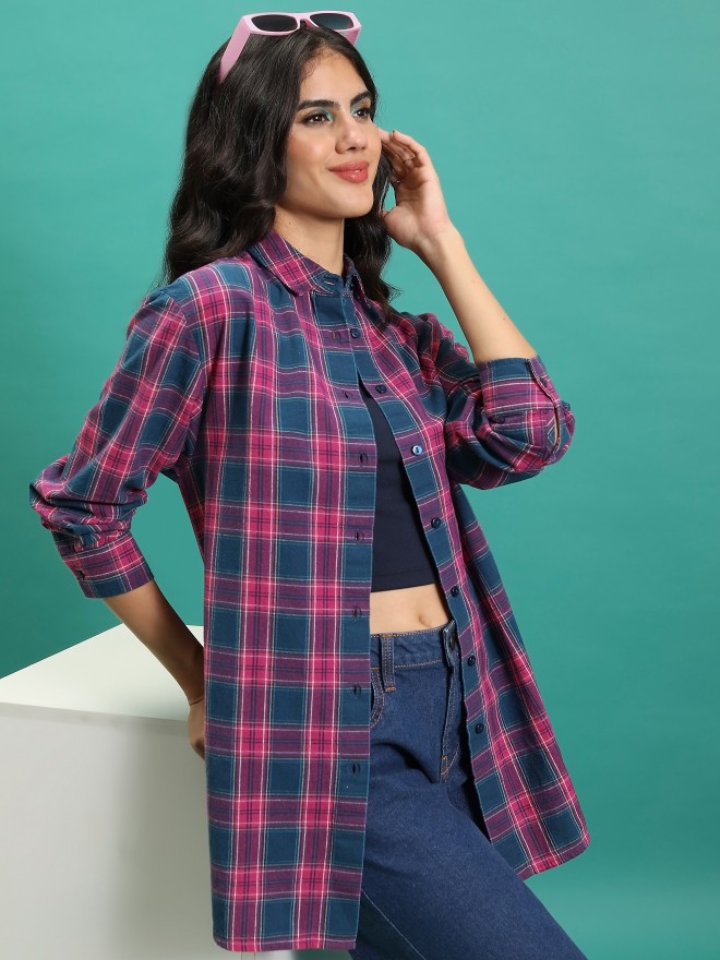 Tokyo Talkies Women Teal Checked Casual Shirts 