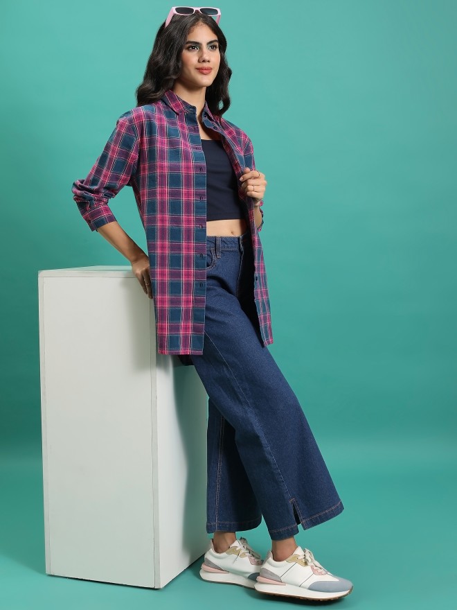 Tokyo Talkies Women Teal Checked Casual Shirts 