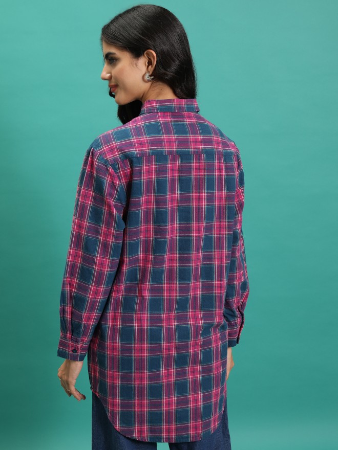 Tokyo Talkies Women Teal Checked Casual Shirts 