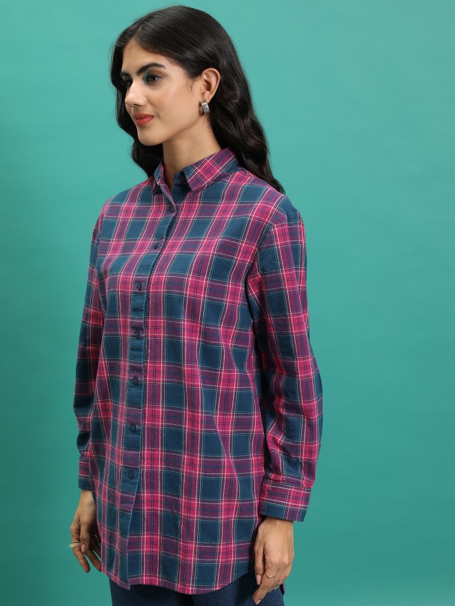 Tokyo Talkies Women Teal Checked Casual Shirts 