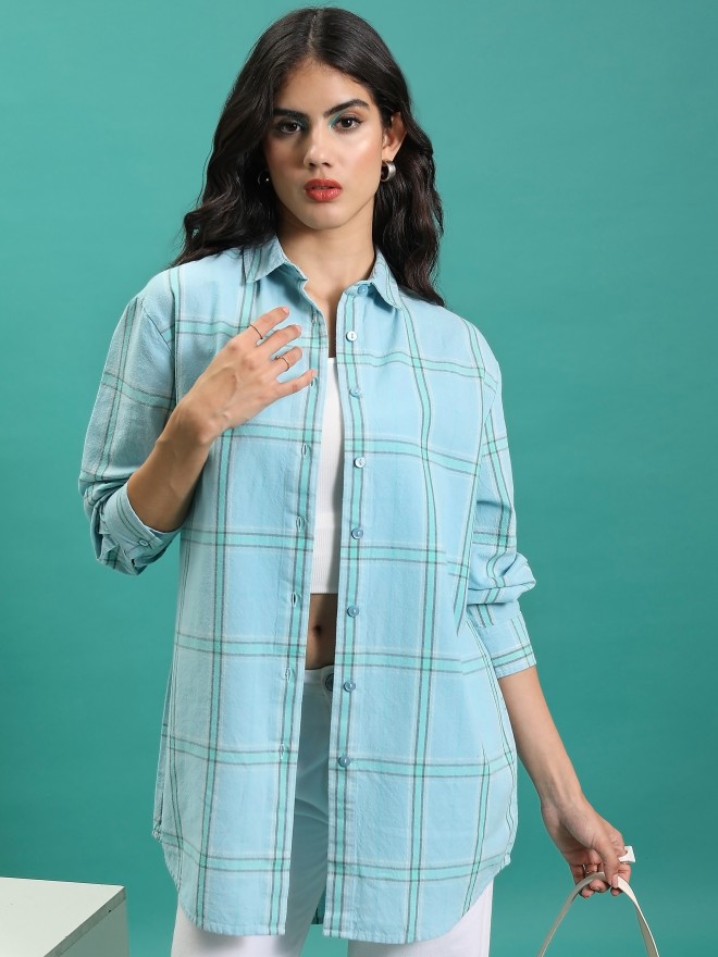 Tokyo Talkies Women Green Checked Casual Shirts 