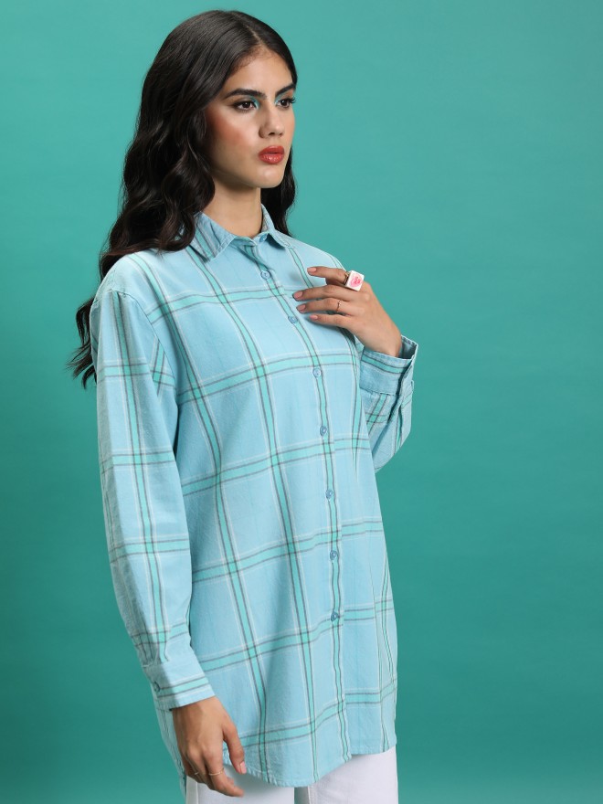 Tokyo Talkies Women Green Checked Casual Shirts 