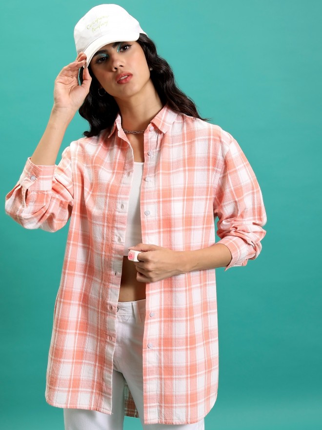 Tokyo Talkies Women Orange Checked Casual Shirts 