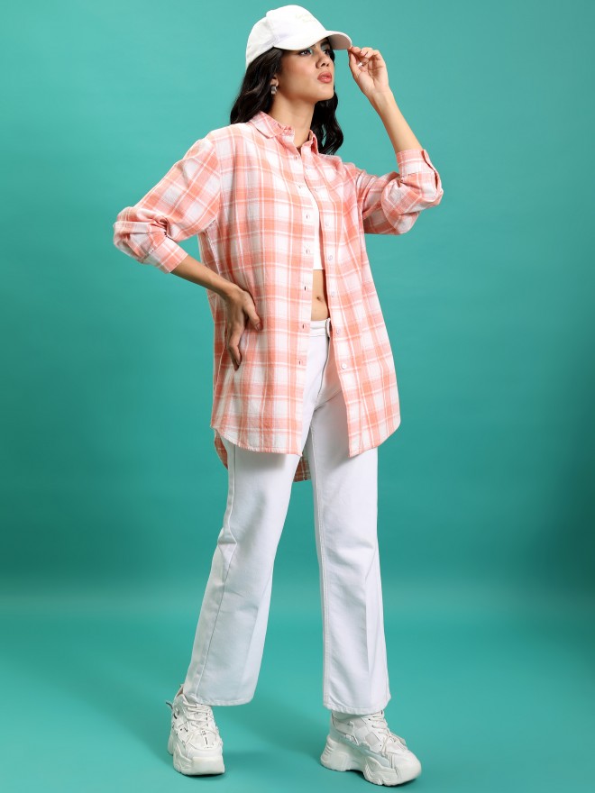 Tokyo Talkies Women Orange Checked Casual Shirts 