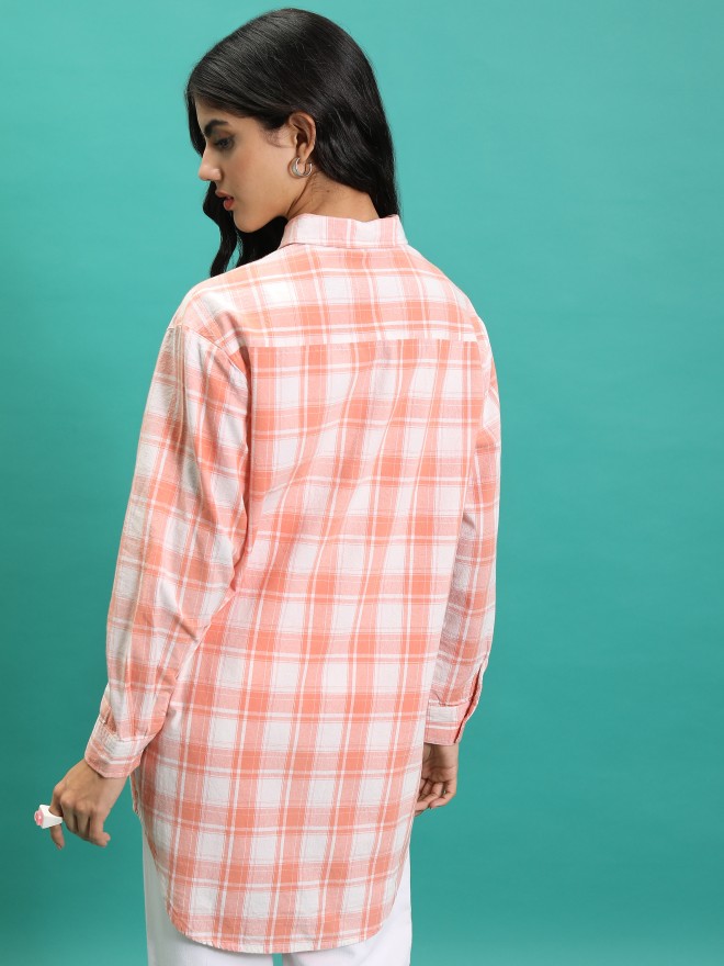 Tokyo Talkies Women Orange Checked Casual Shirts 