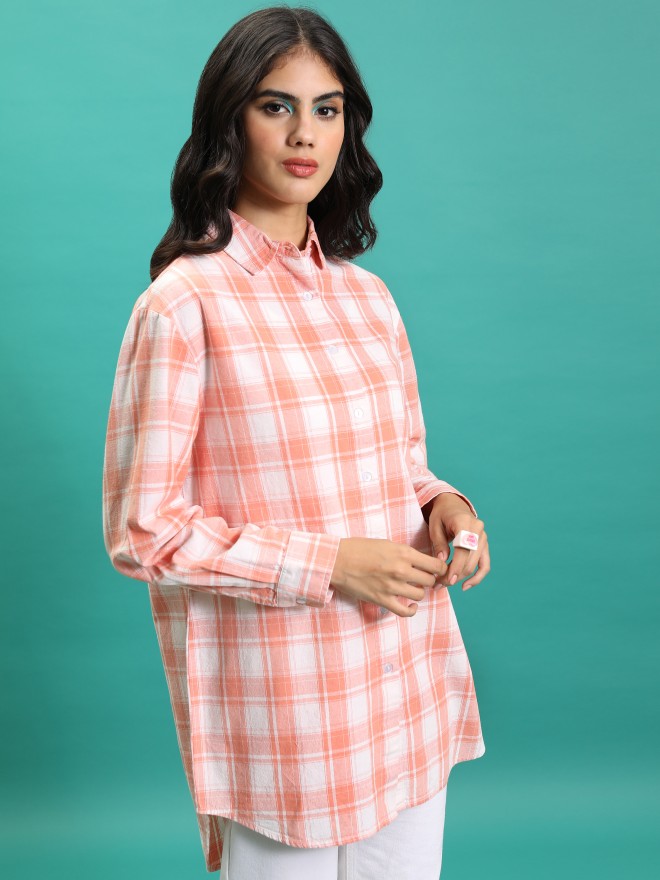 Tokyo Talkies Women Orange Checked Casual Shirts 