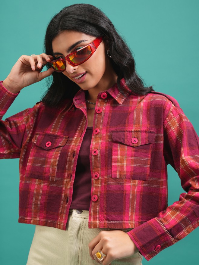 Tokyo Talkies Women Red Checked Casual Shirts 