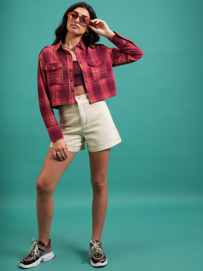 Tokyo Talkies Women Red Checked Casual Shirts 