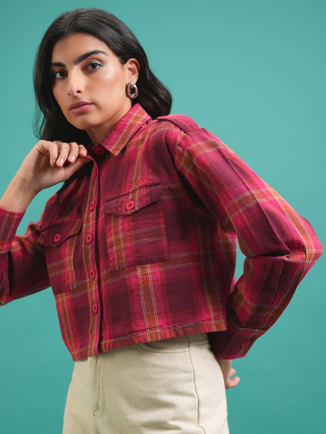 Tokyo Talkies Women Red Checked Casual Shirts 