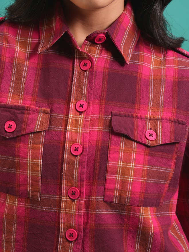 Tokyo Talkies Women Red Checked Casual Shirts 