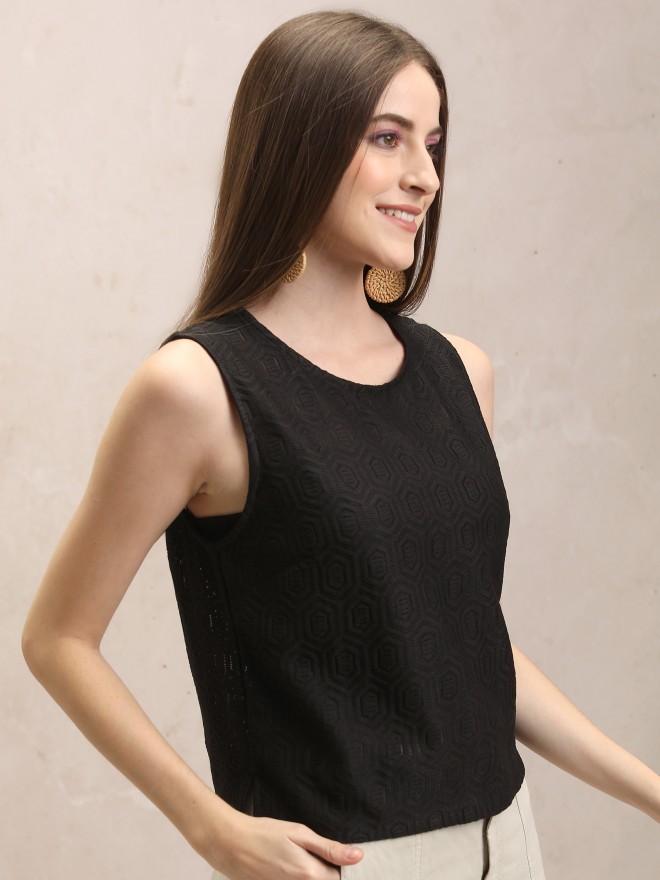 Tokyo Talkies Women Black Self Design Regular Tops 