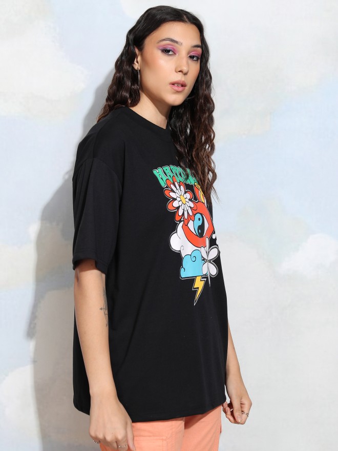 Tokyo Talkies Women Black Printed Round Neck T-Shirt