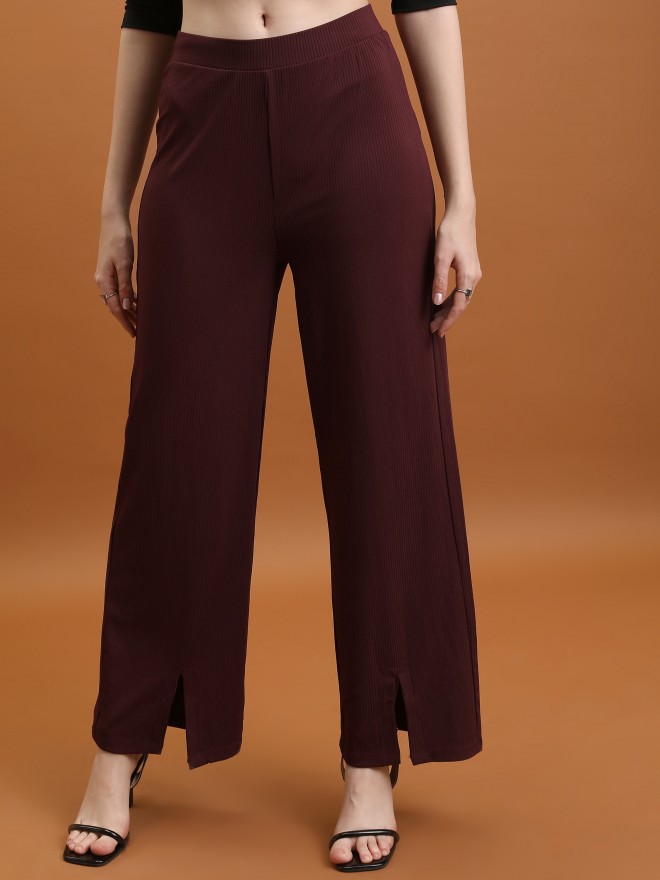 Tokyo Talkies Women Burgundy Solid Flared Casual Trousers 