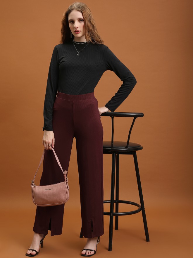 Tokyo Talkies Women Burgundy Solid Flared Casual Trousers 