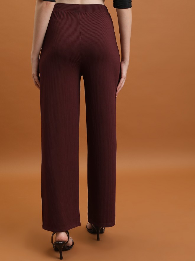 Tokyo Talkies Women Burgundy Solid Flared Casual Trousers 