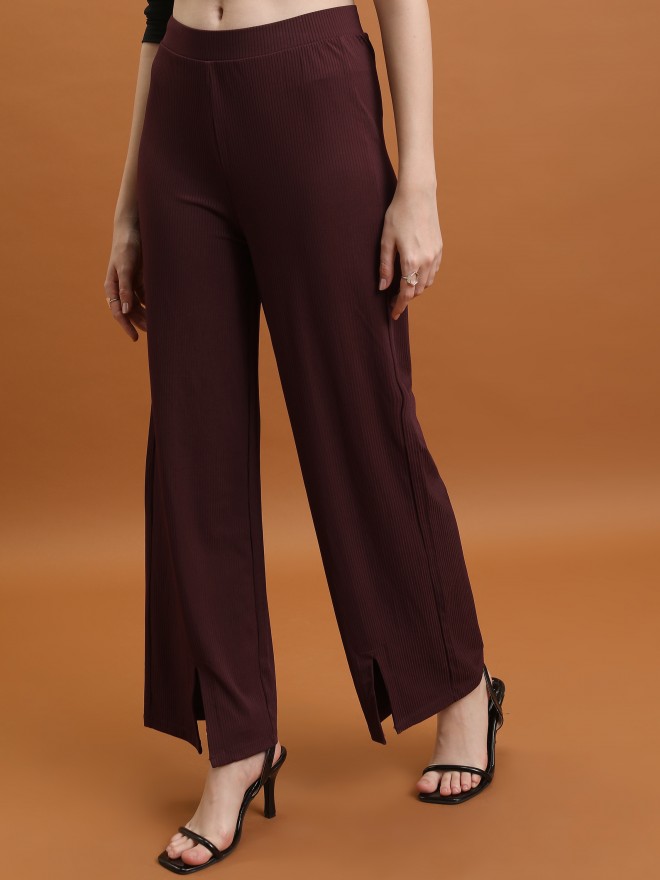 Tokyo Talkies Women Burgundy Solid Flared Casual Trousers 