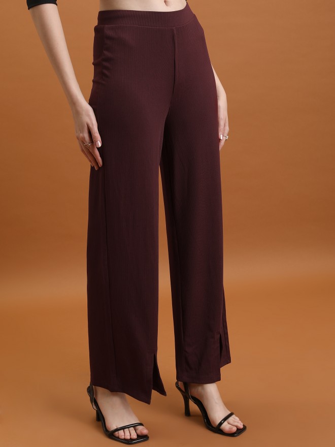 Tokyo Talkies Women Burgundy Solid Flared Casual Trousers 