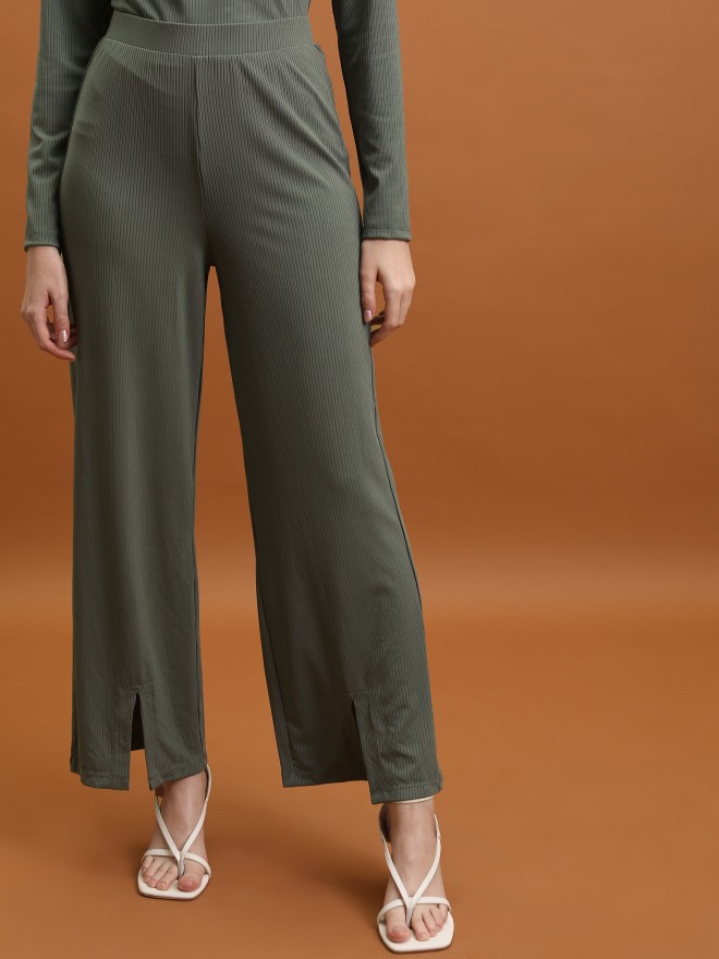 Tokyo Talkies Women Olive Solid Flared Casual Trousers 