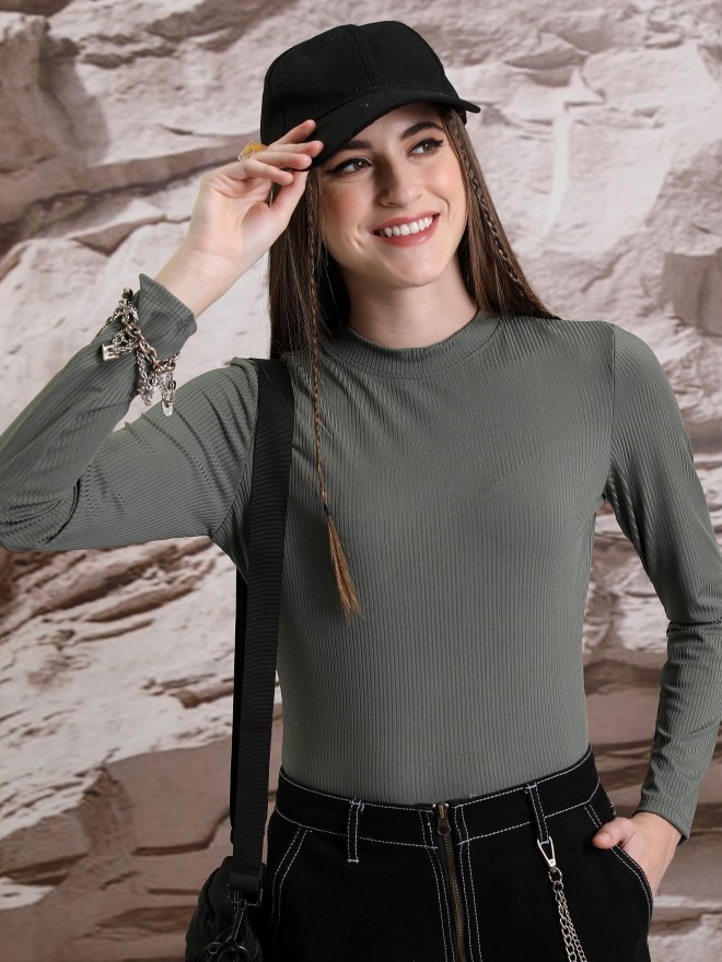 Tokyo Talkies Women Olive Solid Fitted Tops 